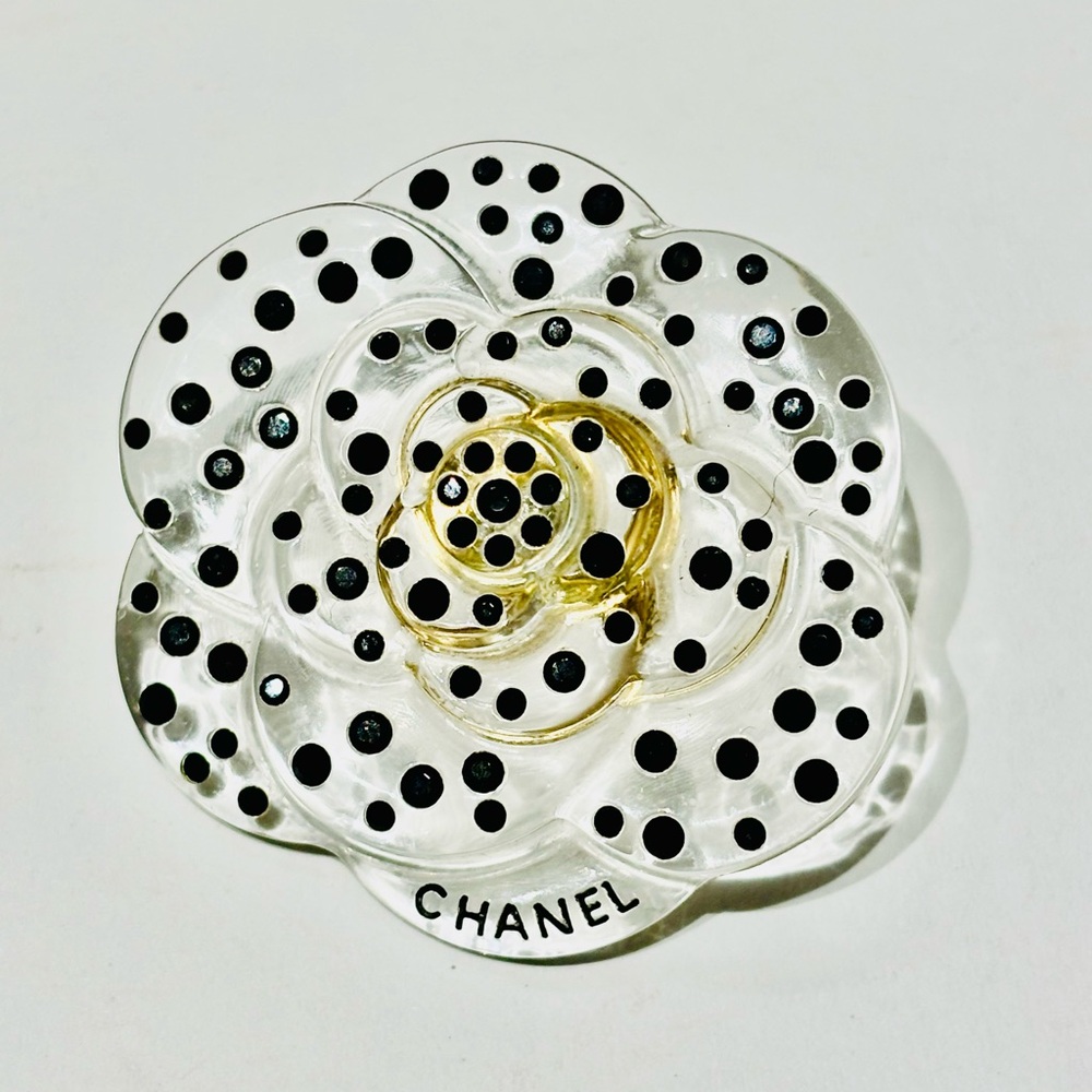 Vintage Rare CHANEL  Camellia Clear with Black Crystal Embellishment Brooch